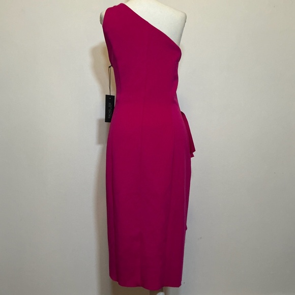 Rachel Zoe One-Shoulder Cascade Ruffle Midi Dress in Fuchsia Pink Size 12 NWT - Picture 5 of 10